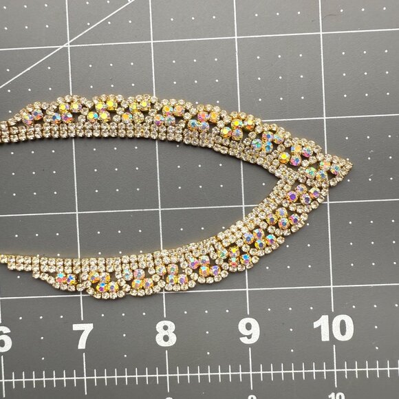 Gold Rhinestone Necklace With Scalloped Design & Aurora Borealis Crystals - Picture 8 of 8